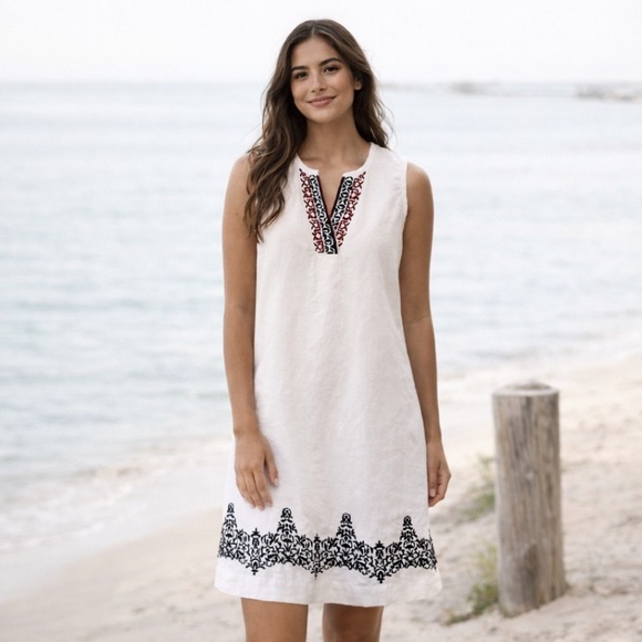 Tommy Bahama Dresses & Skirts - Tommy Bahama White Cotton/Linen Embroidered Sleeveless Dress | Coastal Preppy L